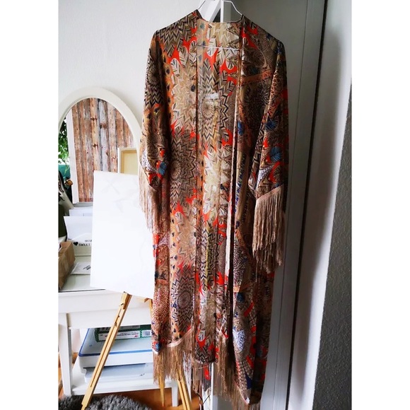New Boho Mixed Print Kimono Cardigan Robe Jacket w/ Fringe Detail - Picture 2 of 12
